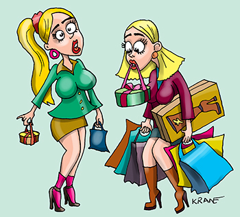 Карикатура про покупки. Две блондинки после шопинга. Одна из блондинок экономит деньги.