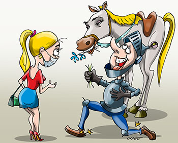 Карикатура про рыцаря на белом коне. Рыцарь на белом коне дарит девушке букет цветов, но конь цветы тоже любит.