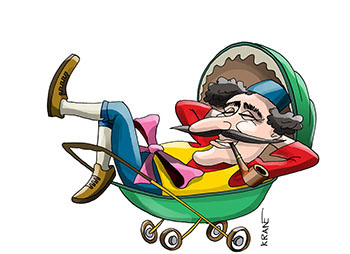 Карикатура про вечное детство. Не успел родиться, как устал. Отдыхает в коляске.