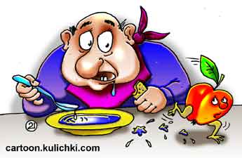 Карикатура о генноизмененных продуктах. У генноизменное яблоко с куринными ножками бежит по столу. Кушать суп нужно быстро, пока продукты не разбежались из тарелки.