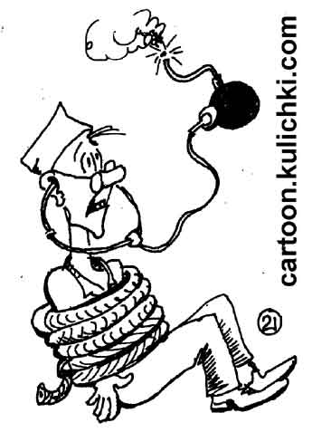 Карикатура про прем у врача. Врач крепко связан коррупцией. В его фонендоскоп вставлена бомба. Бомба разорвет барабанные перепонки.