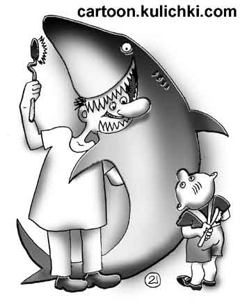 Карикатура про лечение зубов. Врач демонстрирует как нужно чистить зубы акуле.