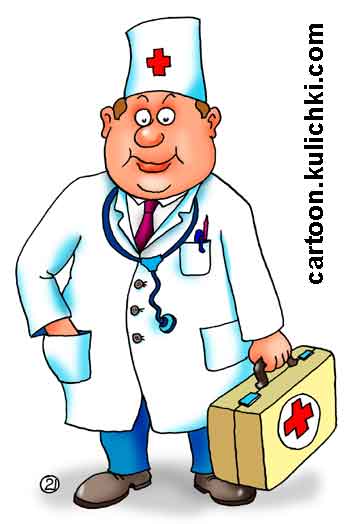 Карикатура о типичной докторе с чемоданчиком в белом халате и шапочке с красным крестиком.