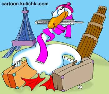 Карикатура о птичьем гриппе.  Птица больная гриппом путешествует по Европе. Франция и Италия уже охвачена гриппом с перьями.