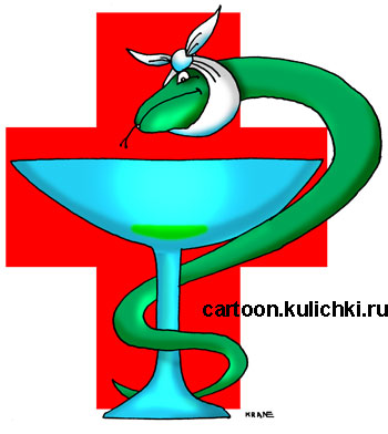 Карикатура про лечение зубов. Логотип стоматологии. Красный крест и змея с больным зубом.