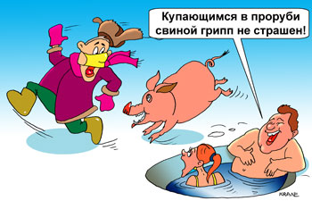 Карикатура о свином гриппе. Кто купается в проруби не боится свиного гриппа. Свинья гоняется за одетым в шубу мужиком, а в прорубь не прыгает.