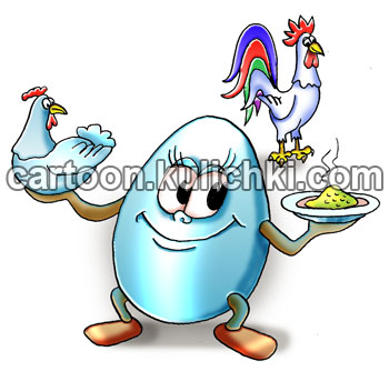 Карикатура о белках и желтках. Яйцо думает что скушать курицу или кашу. Петух в сторонке. 