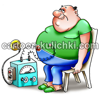 Карикатура о современной медицине. Прибор подключен к животу больного с ожирением. Диагностика и лечение. 