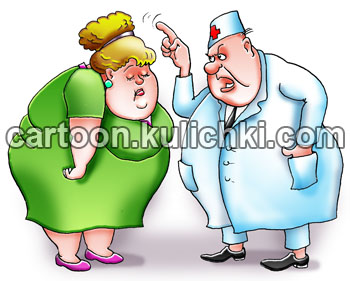 Карикатура о доктор прописал. Доктор наставляет учит больную ожирением как правильно питаться, чтобы сбросить лишний вес.