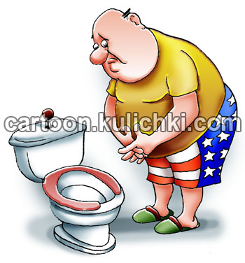 Карикатура о хроническом запоре. Американец страдает запорами стоит перед унитазом в печали. Трусы флаг США.