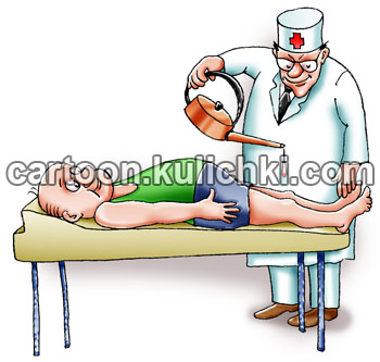 Карикатура о лечении суставов. Врач смазывает суставы больного из масленки.