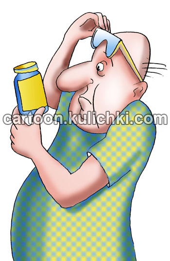 Карикатура об инструкции на упаковке лекарств. Больной читает этикетку на баночке с таблетками.