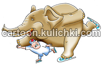 Карикатура о том что доктор прописал. Врач учит слона кататься на коньках. Успех такой как учить толстого больного правильно питаться. Чтоб похудеть.