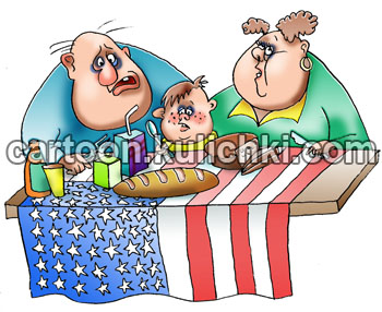 Карикатура о пирамиде питания. На столе американской семьи пища богатая углеводами ведущая к ожирению всей семьи.