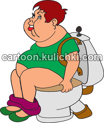 Карикатура об унитазе как рюкзаке за плечами. Мальчик страдает диареей из-за пищи богатой углеводами. Ожирение и жидкий стул от углеводов.