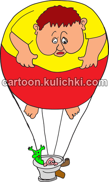 Карикатура овоздушном шаре в животе. Полный мальчик с детства страдает ожирением и жидким стулом. Унитаз с микробами не отпускает его на веревках.