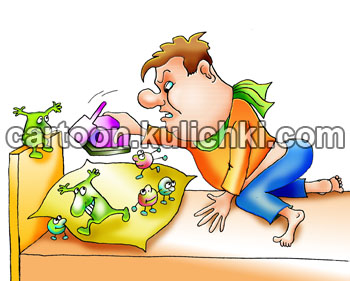 Карикатура об острорасператорных болезнях. Больной в кровати ловит микробов мышеловкой на подушке.