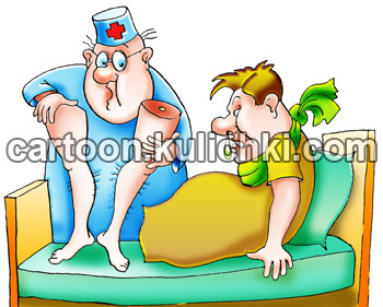 Карикатура об ампутации. У больного в результате осложнения отнялись ноги. Врач у кровати пациента держит ноги руками. 