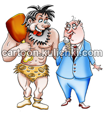 Карикатура о низкоуглеродной диете. Исторический мужчина ел мясо с охоты и рыбалки – был атлетически сложен. Современный мужчина ест мороженное и сладости – имеет женоподобную фигуру.