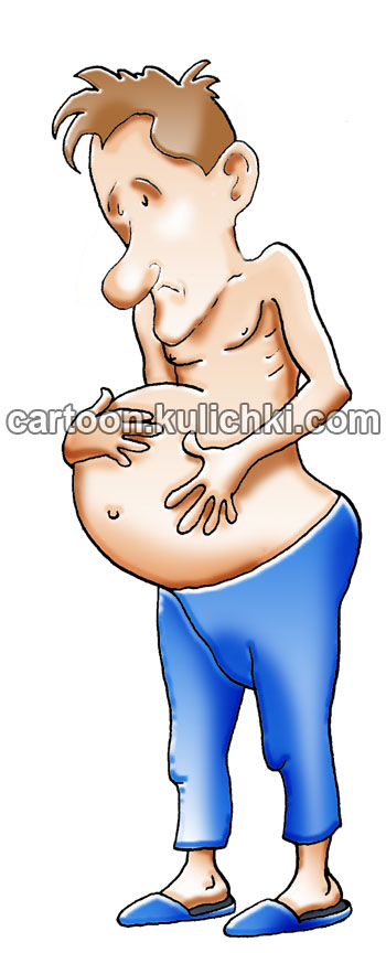 Карикатура о дистрофическом животе. При диабете чаще излишний вес и гипертония, но бывают люди кожа да кости и дистрофический животик.