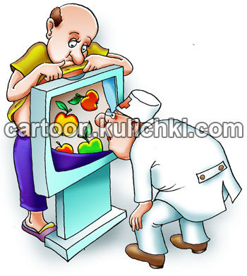 Карикатура о фруктовой диете. При обследовании больного сахарным диабетом врач видит на экране что пациент питается одними фруктами и сладостями.