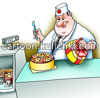 Карикатура о лечении диабета. Врач продает торты всем больным диабетом. Выгода от лечения сладостями повышается. Растет потребление инсулина и сопутствующих товаров. 