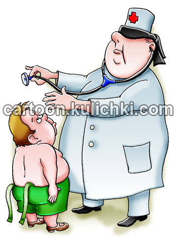 Карикатура о детском враче. Детский врач лечит ребенка так же как взрослого. Доктор не видит что перед ним ребенок.