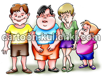 Карикатура о росте ребенка. Аномалии в развитии детей. Здоровый мальчик, полный, худой, низкорослый.