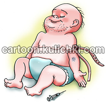 Карикатура о наркомании при диабете. Дети больные сахарным диабетом получающие дозы инсулина через шприц становятся наркозависимыми с младенчества. 