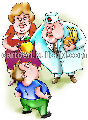 Карикатура о фруктозе и глюкозе. Врач с разрешения матери дает ребенку фрукты. Врачи советуют есть побольше фруктов. Все от фруктов полные и больные.