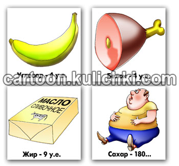 Карикатура о калориях. Содержание кило калорий в углеводе, в белке и жире. В сахаре калорий очень много.