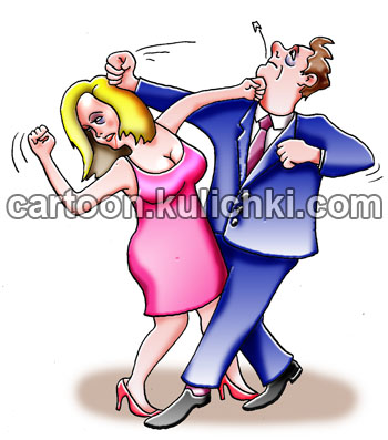 Карикатура о семейных ссорах. Муж с женой дерутся – значит любят друг друга бить куда попало.