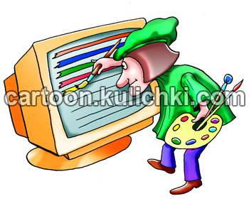 Карикатура о художнике. Художник с палитрой раскрашивает рабочий стол на мониторе компьютера кистями.