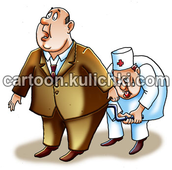 Карикатура о пищеварении. Доктор ковыряет ручкой в заднем проходе больного пытаясь завести мотор пищеварения. 