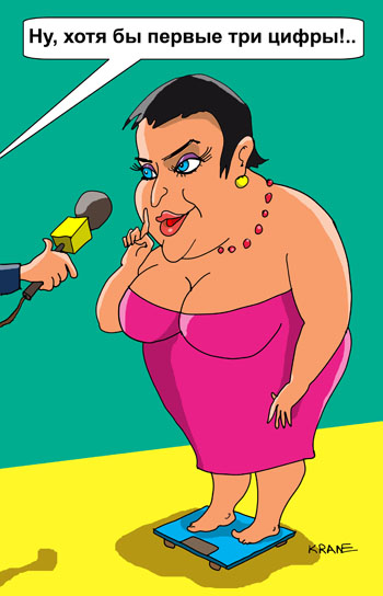 Карикатура о Лолите. Лолита стоит на весах. Корреспондент спрашивает, сколько она весит после изнуряющей диеты. Хотя бы назвать первые три цифры. 