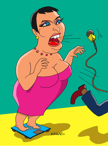 Карикатура о Лолите. Лолита стоит на весах. Корреспондент спрашивает, сколько она весит после изнуряющей диеты. Хотя бы назвать первые три цифры. 
