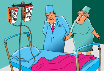 Карикатура о больнице. Пациент сбежал из больницы. Врач и медсестра у постой больничной койки. 