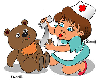 Карикатура о игре в больницу. Девочка играет в больницу. Она лечит плющевого мишку. Бинтует лапу.