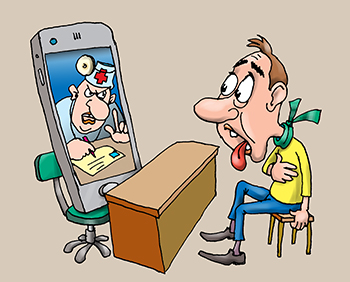 Карикатура про смартфон с медицинским приложением. Бизнес-идея - Кашляешь в телефон и приложение типа «Шазам» определяет
чем ты болеешь, прописывает лекарства и выдаёт больничный.