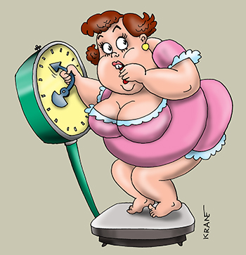 Карикатура про вес и ожирение. Полная девушка на весах исправляет свой вес загибая стрелку весов.