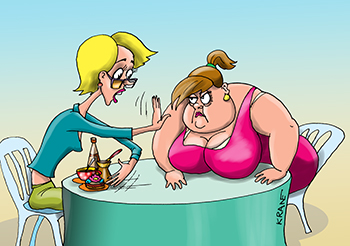 Карикатура про диету. Чтобы похудеть, моя подруга посоветовала исключить из рациона кофе,
пирожные и алкоголь. Вот сижу и думаю: а подруга ли она мне?
