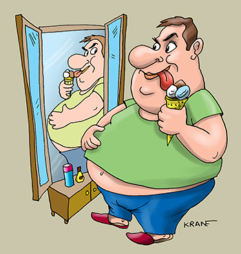 Карикатура про излишний вес. Врач сказал, что в моем возрасте я должен следить за тем, как ем. Так что я съел мороженое перед зеркалом