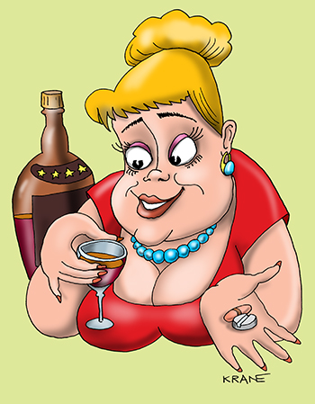 Карикатура про таблетки с коньяком. Женщина пьет таблетки от давления. Запивает коньяком.