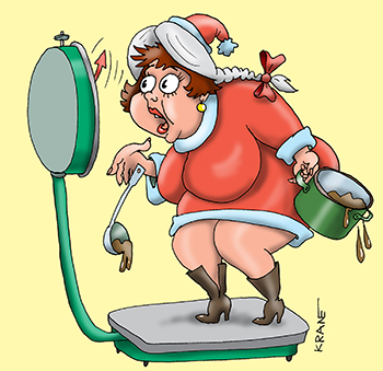 Карикатура про похудание. Девушка стоит на весах. Лишние килограммы.
