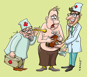 Карикатура про медицинскую помощь и медицинский сервис. Один врач помогает больному, а другой оказывает услуги за деньги.
