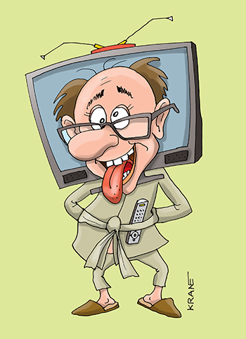 Карикатура про телевидение. Телевидение приводит к слабомию. Дурак смотрит телевизор в смирительной рубашке.