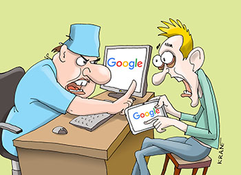 Карикатура про поиск методов лечения. Доктор лечит пациента по Гугле. Пациент сам может поискать в Гугле метод лечения. Но это будет самолечение.
