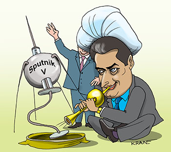 Карикатура про Sputnik V. Викрам Сингх Пуния будет производить вакцину от корона вируса. Индийский факир заклинает змею.