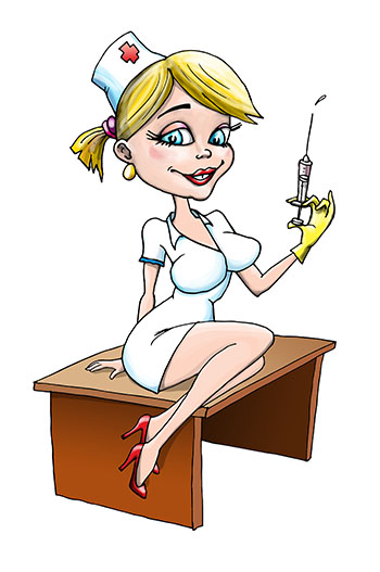 Карикатура про медсестру. Медсестра сидит на столе со шприцем в руке.