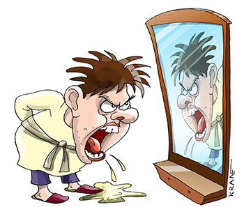 Карикатура про идиотов в зеркале. Психически больной спорит со своим отражением в зеркале
